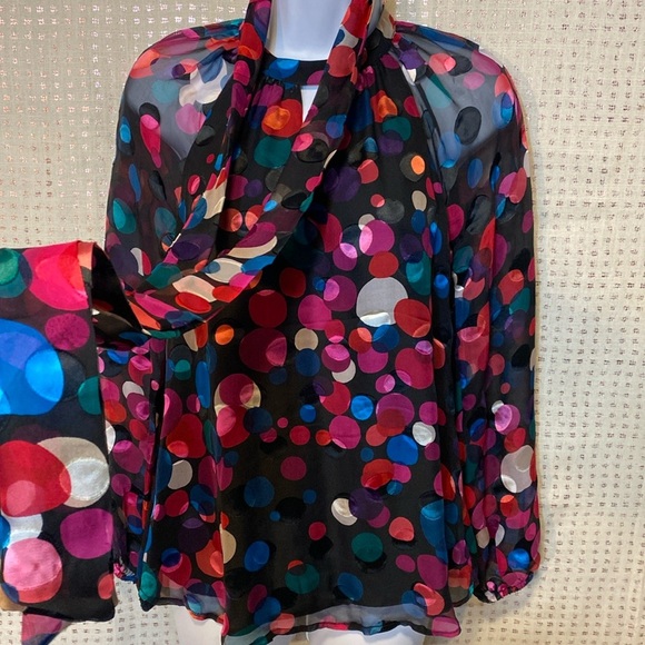 Trina Turk Greyhound Multicolor Silky Long sleeve Blouse with Tie - Picture 12 of 12